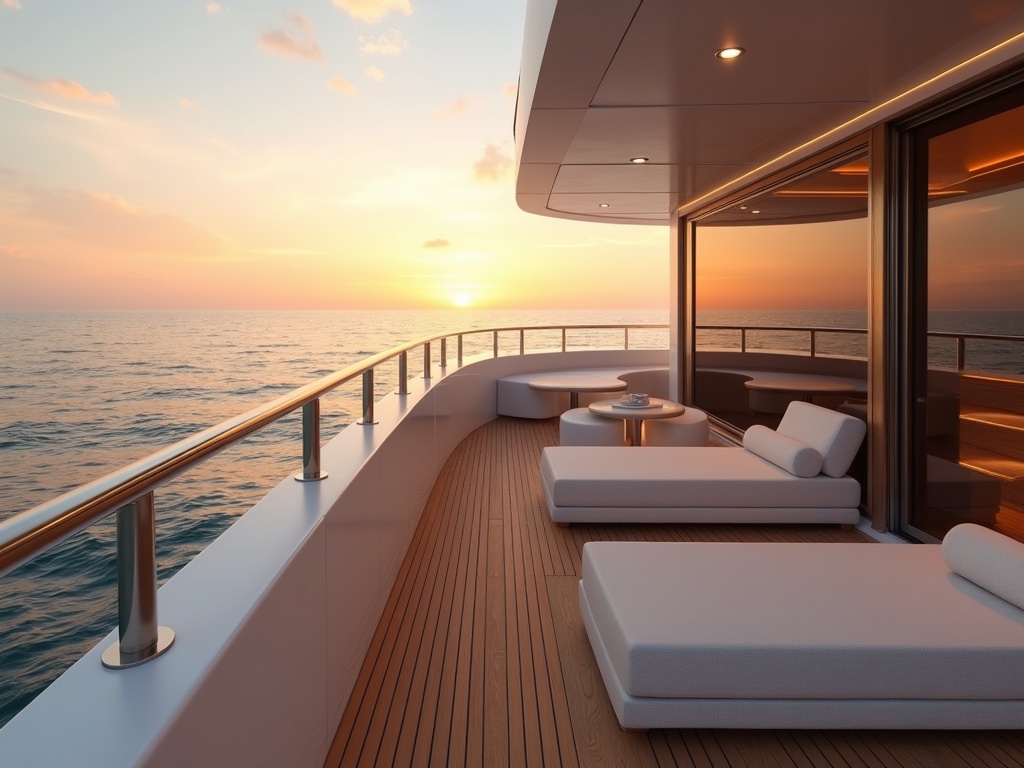 Teak sun deck of a luxury motor yacht at twilight with sunset reflections and open sea beyond