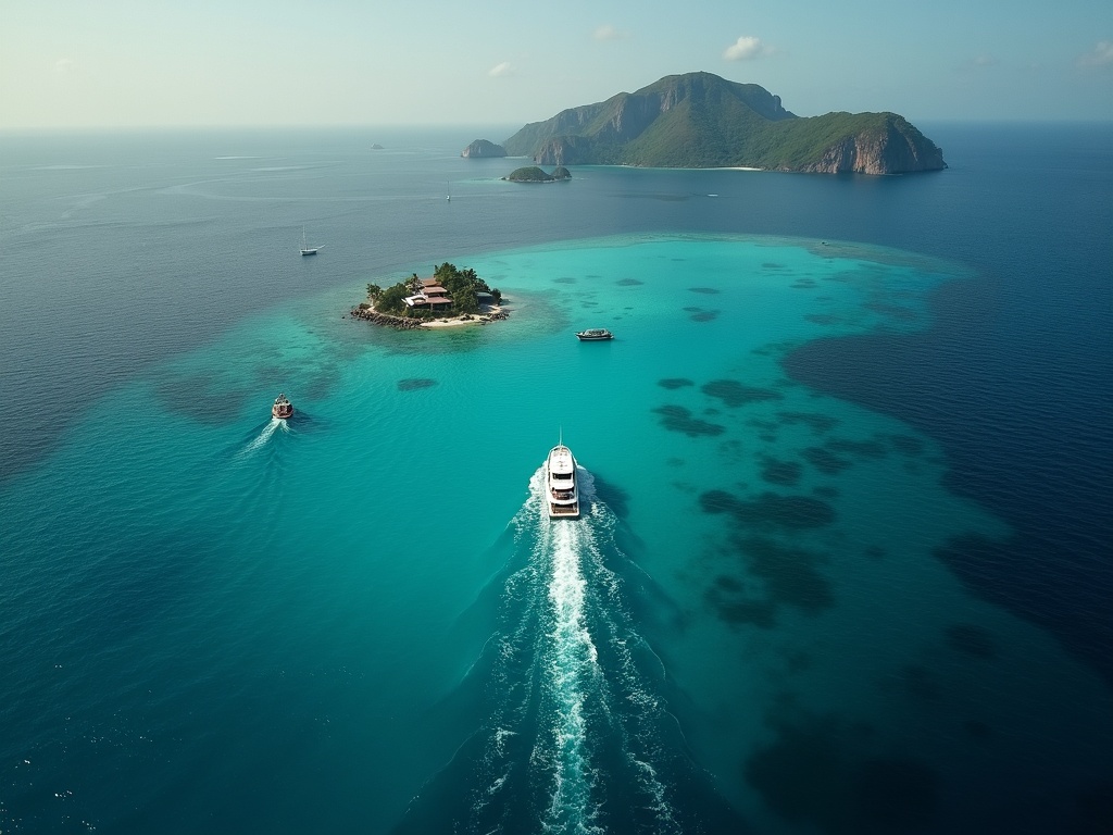 Aerial view of a yacht crossing the deep blue water between Bali, Nusa Penida and Lembongan