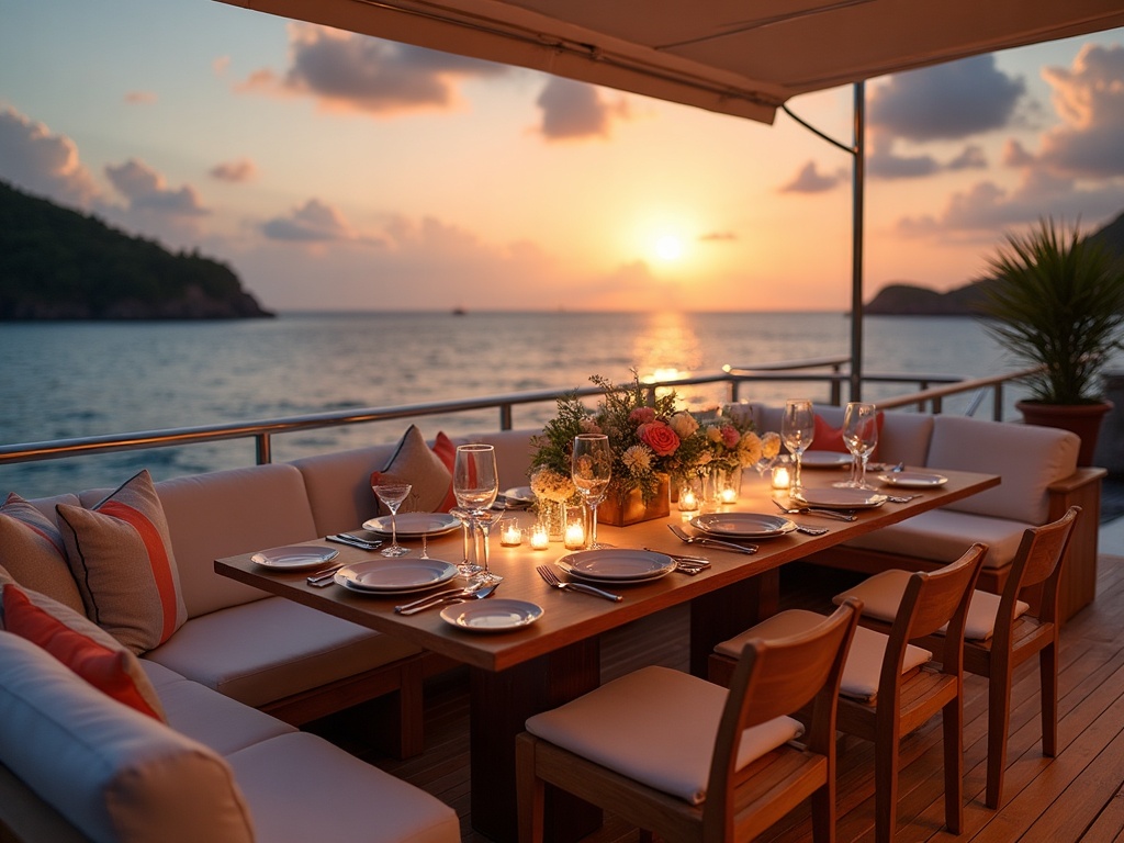 Sunset celebration dining setup on a luxury yacht aft deck off the coast of Bali
