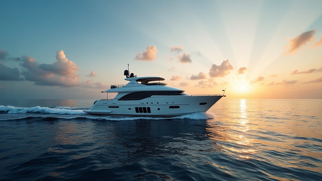 Luxury motor yacht departing Benoa Harbour in Bali at golden hour under a deep blue dusk sky